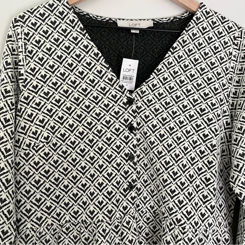 NWT‎ Loft Jacquard Button Flounce Swing Mini Dress Black White Size Medium - Picture 8 of 11